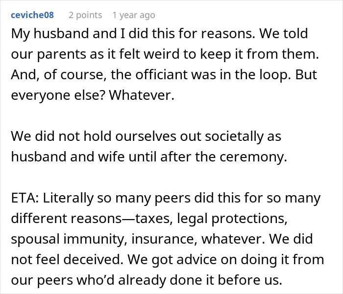 A Reddit post about a couple legally marrying before their wedding ceremony, offering reasons and guest reactions.