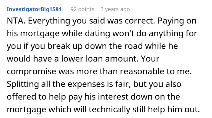 A Reddit post with a comment about a woman called a leech for not splitting a BF's mortgage 50/50 if she's not on the deed.