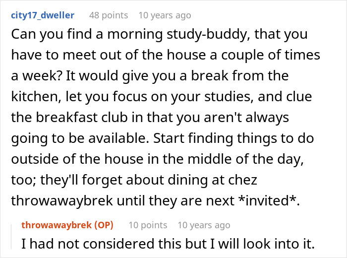 A Reddit comment suggesting the wife find a study-buddy to get a break from cooking breakfast, addressing a common husband-wife conflict.