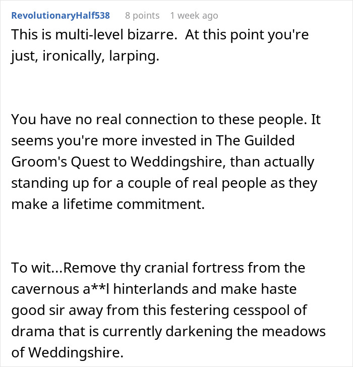 Commenter discussing ex-girlfriend cheating and drama about removing guy from friend's wedding conflict online. Commenter discussing ex-girlfriend cheating and drama about removing guy from friend's wedding conflict online.