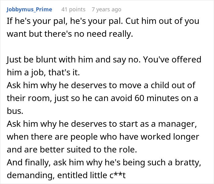 Screenshot of a Reddit comment discussing the opinion about a best friend working as a server and job entitlement issues. Screenshot of a Reddit comment discussing the opinion about a best friend working as a server and job entitlement issues.
