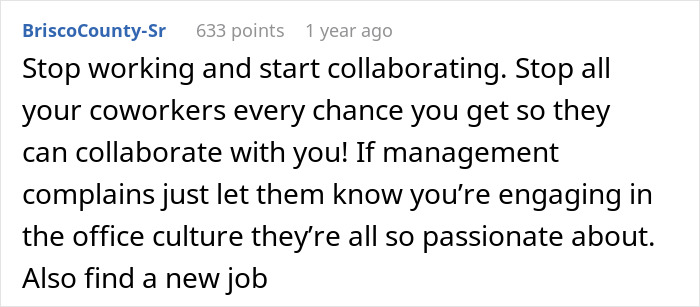 Alt text: Screenshot of a comment suggesting to stop working and start collaborating at office after WFH was canceled. Alt text: Screenshot of a comment suggesting to stop working and start collaborating at office after WFH was canceled.