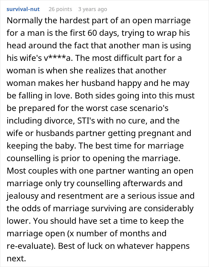 Comment discussing challenges and advice on navigating open marriage, focusing on communication and counseling. Comment discussing challenges and advice on navigating open marriage, focusing on communication and counseling.