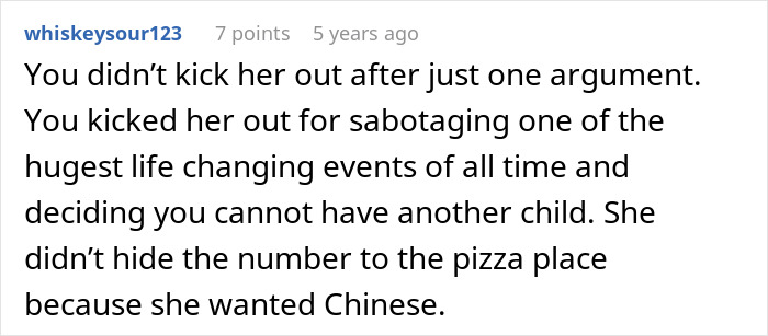 Screenshot of a comment discussing a woman making sister adopt her kid and preventing her from having more children.