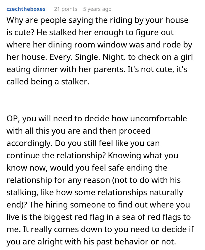 Reddit comment discussing creepy stalking behavior and relationship red flags in a man&rsquo;s confession leaving girlfriend questioning trust.