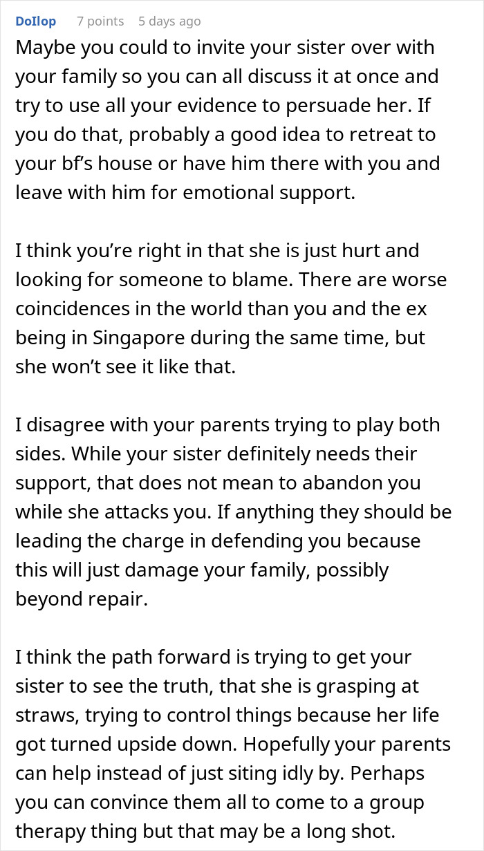 Text of a woman seeking family support after being accused of sleeping with sister&rsquo;s fianc&eacute; over a coincidence, facing disbelief.
