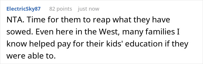 Screenshot of an online comment discussing a couple pushing their son to be independent at 18 and his later response.