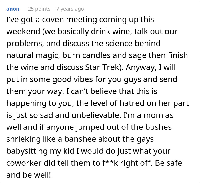 Screenshot of an online comment discussing homophobic MIL and fake cop incident involving son&rsquo;s boyfriend and real police officer.