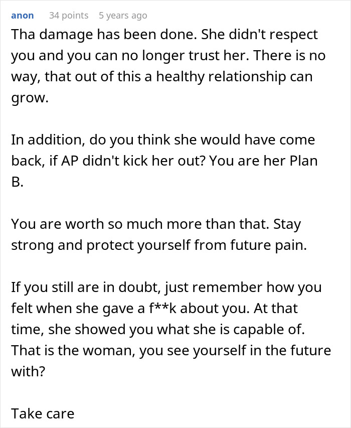 A screenshot of advice about a ruined marriage and affair, urging the husband to pursue divorce.