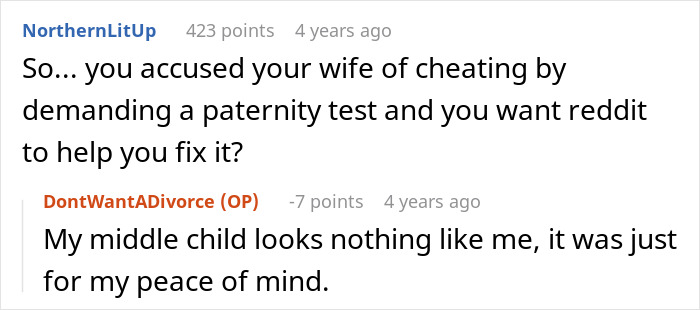 A Reddit post where a user asks for advice after demanding a paternity test, possibly losing his family.