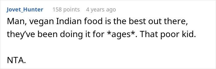 Image shows a Reddit comment. User Jovet_Hunter supports vegan food but pities a son being transitioned into vegan.