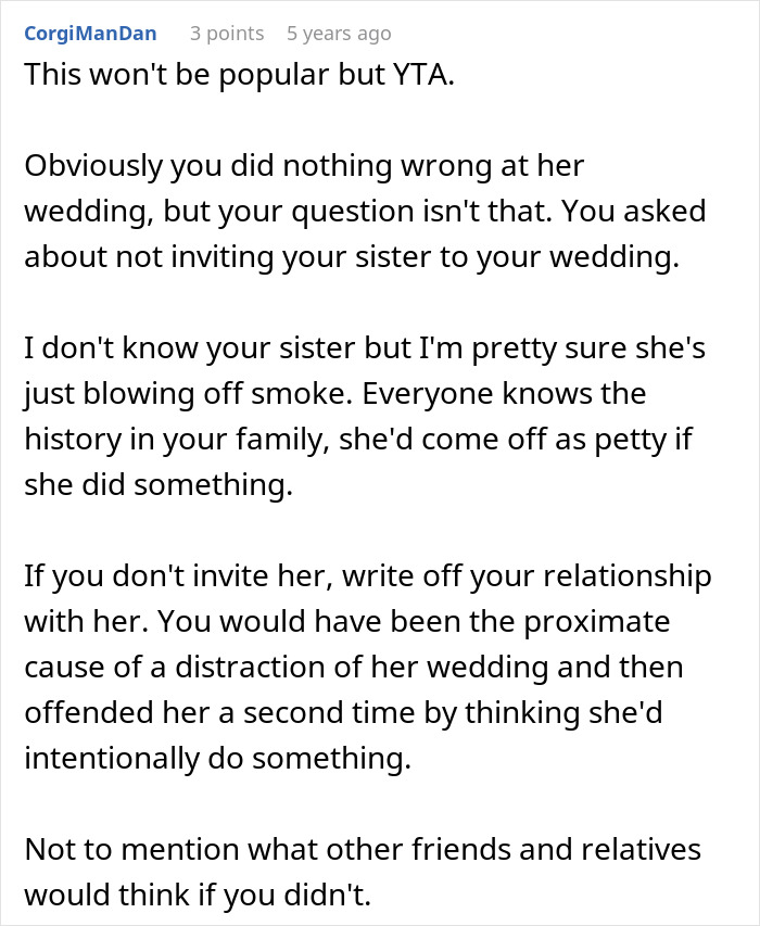 Text from online comment discussing concerns about sister sabotaging wedding and the dilemma of uninviting her due to past incident.