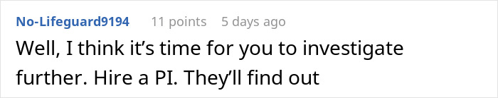 A Reddit comment advising someone to hire a PI to investigate a husband's suspicious behavior, possibly a secret child.