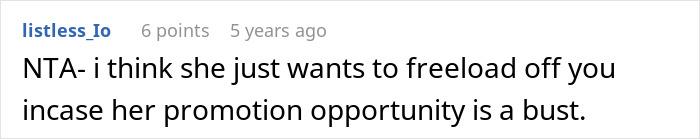 A Reddit comment suggesting a girlfriend wants to freeload, relating to a man turning tables on his girlfriend refusing to split finances.