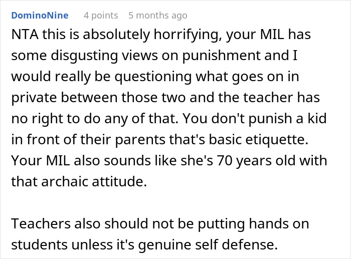 Comment discussing teacher grabbing kids in front of mom, condemning punishment and physical contact by teachers.