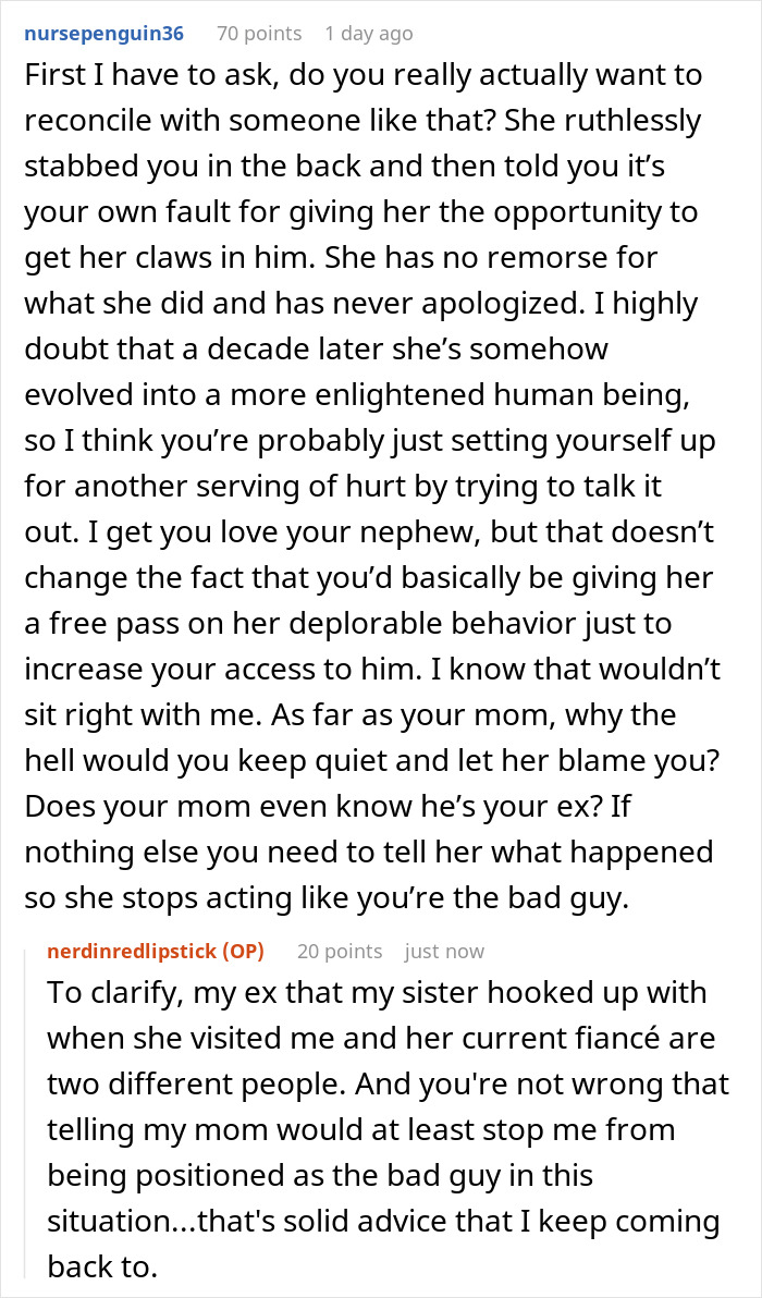 Text conversation about a lady hooking up with sister&rsquo;s boyfriend and family expecting her to attend the wedding.