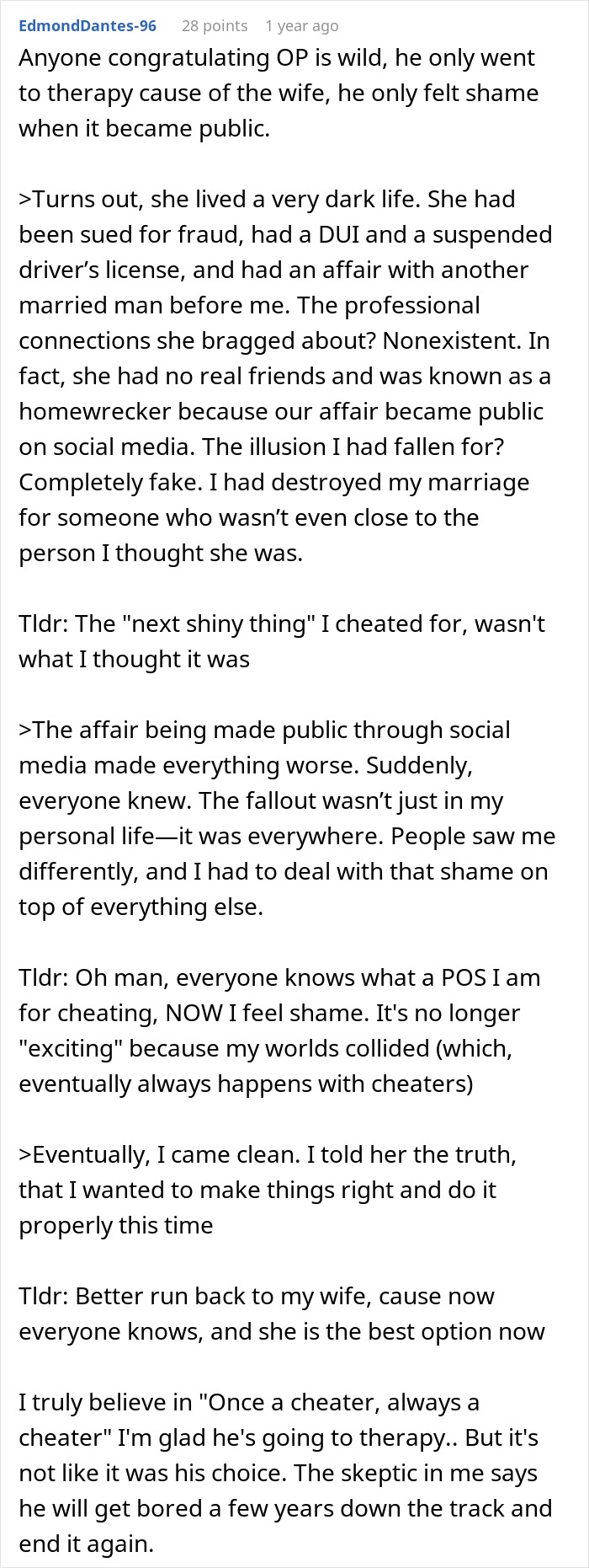 Reddit user shares harsh lesson after cheating, destruction of marriage, and facing public shame without sympathy.