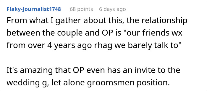Screenshot of a Reddit comment discussing an ex-girlfriend cheating and wedding drama involving groomsmen positions. Screenshot of a Reddit comment discussing an ex-girlfriend cheating and wedding drama involving groomsmen positions.
