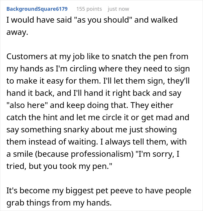 Text post about rude man snatching things without asking and coworker berating him for his behavior at work.
