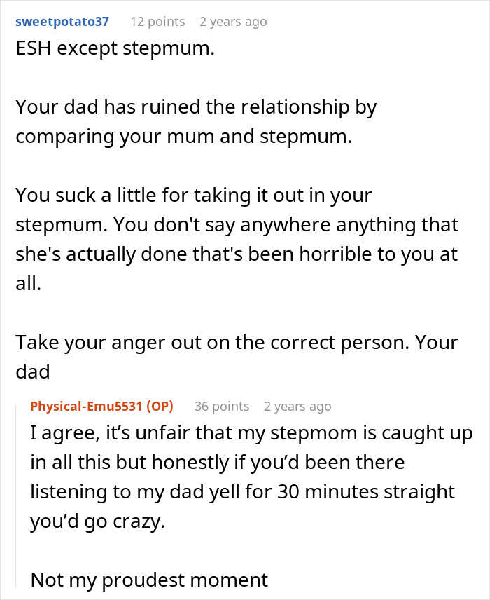 A Reddit conversation about a dad pushing kids to accept a new stepmom, with a teen explaining the difficulty.
