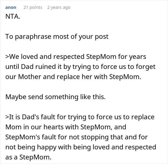 A Reddit comment advising on how to deal with a Dad forcing kids to replace their late Mom with a Stepmom.