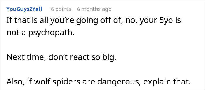 Screenshot of a comment discussing whether a 5-year-old daughter might be a psychopath and mentioning wolf spiders.