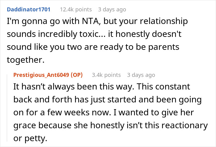 Reddit comments discussing a pregnant girlfriend threatening to terminate pregnancy in a toxic relationship argument.