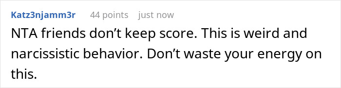 Alt text: Online comment discussing a woman testing friend to remind her to show appreciation and being shocked by her reaction