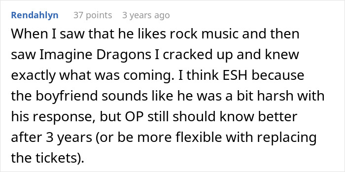 Alt text: Reddit comment discussing a woman buying concert tickets for her boyfriend who loves bands and his reaction to it.