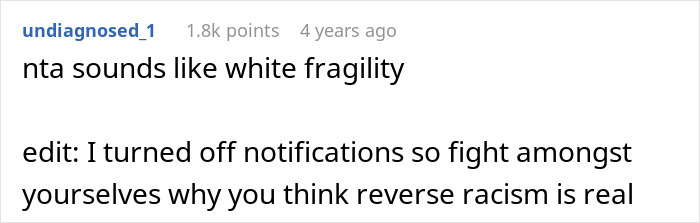 Reddit comment calls out white fragility and reverse racism, relating to a mom transitioning her son into vegan.