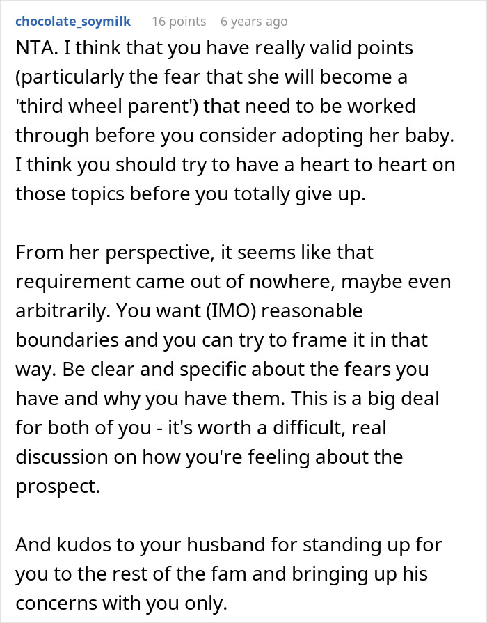 Comment discussing fears and boundaries about adopting baby, focusing on woman wanting baby adopted by brother and SIL conflict. Comment discussing fears and boundaries about adopting baby, focusing on woman wanting baby adopted by brother and SIL conflict.