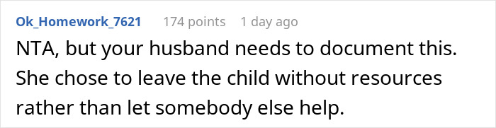 A screenshot of a Reddit comment, saying NTA, but your husband needs to document this. Discusses tough it out mom issues.
