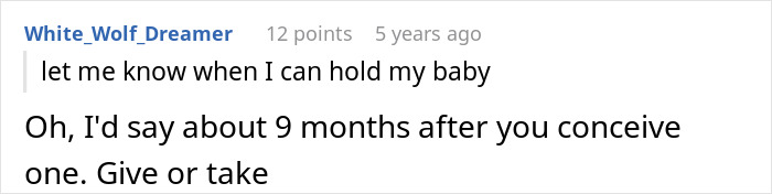 Screenshot of an online comment discussing baby holding timing amid mom&rsquo;s creepy behavior making woman shocked and trembling.