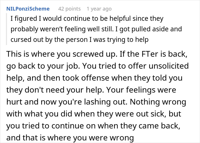 Screenshot of a Reddit comment discussing management chewing out a worker for going the extra mile instead of thanking them.