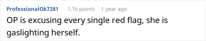 A Reddit comment states the original poster is gaslighting herself, excusing red flags involving a married man and a random woman in a hotel room.