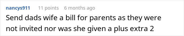 A screenshot of a Reddit comment by user nancys911, discussing entitlement at a wedding table, suggesting sending a bill.