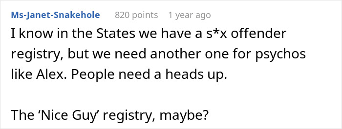 Comment discussing the need for a registry to warn about dangerous men who leave traps for their girlfriends at home. Comment discussing the need for a registry to warn about dangerous men who leave traps for their girlfriends at home.