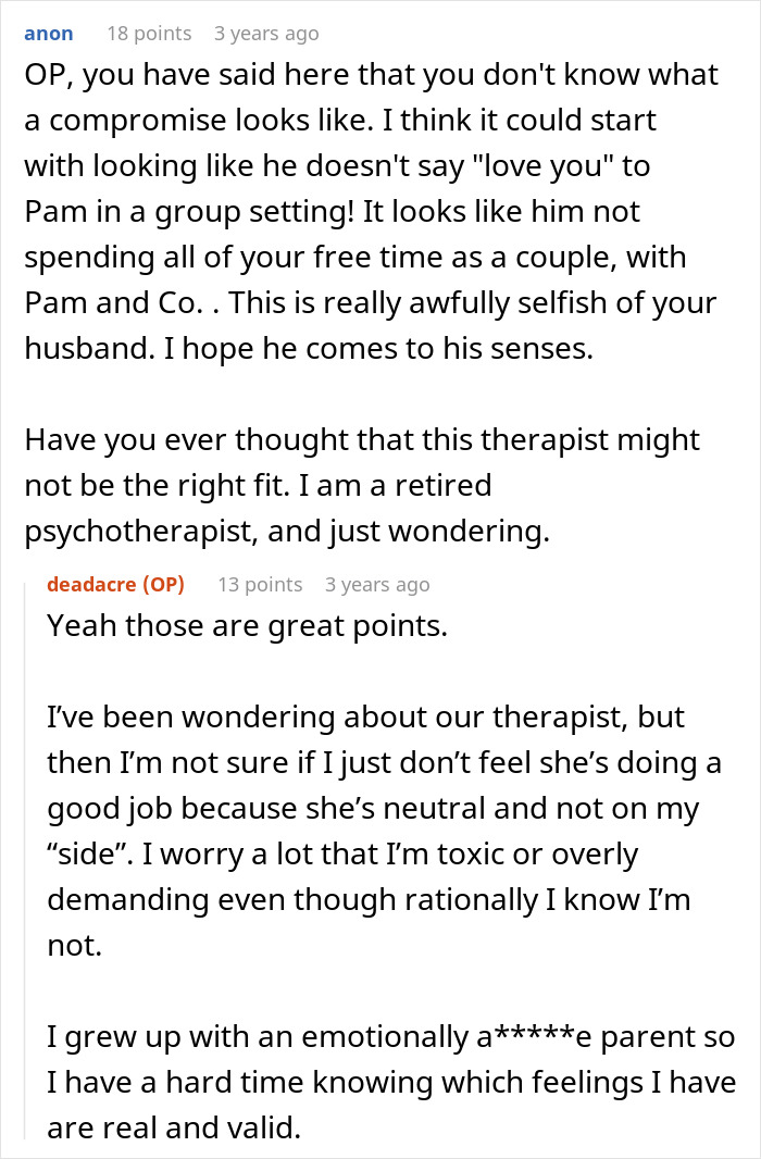 Screenshot of a Reddit conversation discussing husband neglecting pregnant wife after choosing his chosen family over her.