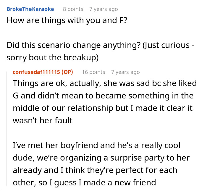 Alt text: Online conversation about woman breaking up with boyfriend after seeing his female friend's close bond with his family Alt text: Online conversation about woman breaking up with boyfriend after seeing his female friend's close bond with his family