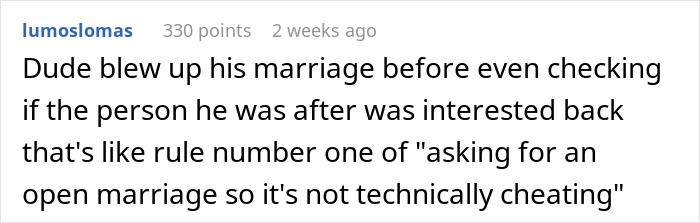 Screenshot of an online comment discussing open marriage and the challenges of proposing it in a relationship. Screenshot of an online comment discussing open marriage and the challenges of proposing it in a relationship.