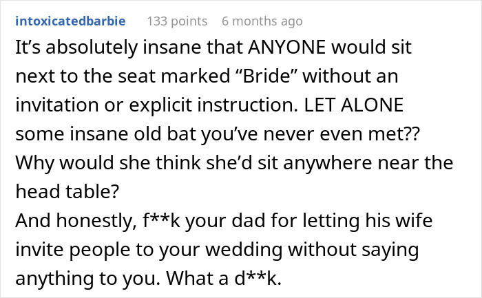 A Reddit post from "intoxicatedbarbie" expressing anger about a stranger's entitlement at a wedding table.