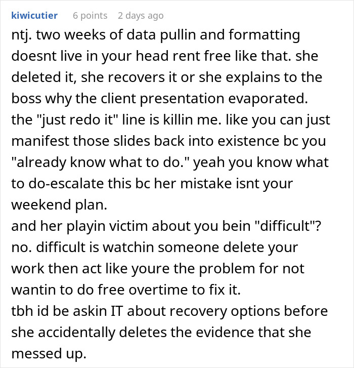 Alt text: Woman deletes colleague's project causing conflict, asks for redo without apology, escalating workplace sabotage tension.