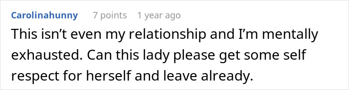 A comment from user Carolinahunny expressing mental exhaustion over a married man's hotel stay with another woman.