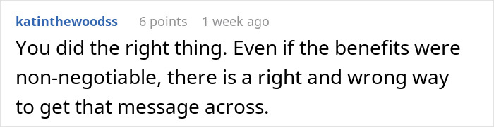 A comment from 'katinthewoodss' supporting a job candidate who hangs up mid-interview due to a speechless company offer.