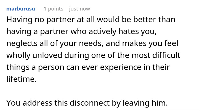 A user comment on Reddit about a heartbroken wife facing cervical cancer, and her husband's neglect.