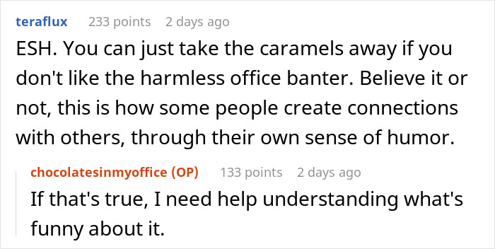 ALT text: Online discussion about lady asking coworker to stop the candy routine and office opinions on the harmless banter