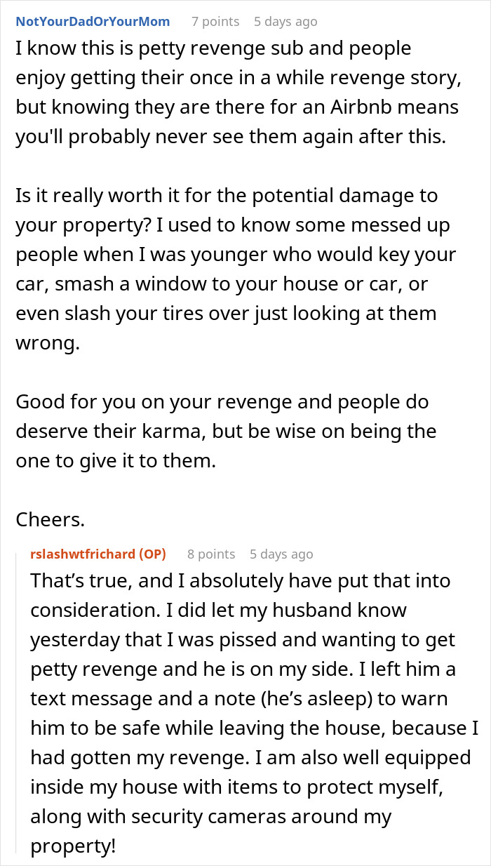 Screenshot of an online discussion about a woman&rsquo;s parking spot being taken and her enjoying the revenge on entitled guests.