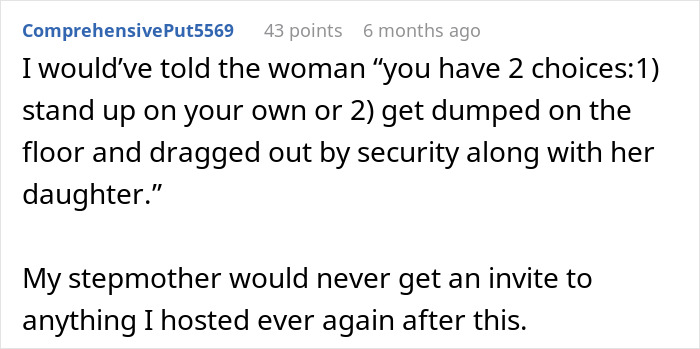 A Reddit comment describing a confrontation at a wedding, addressing the entitlement of a stranger taking a seat.