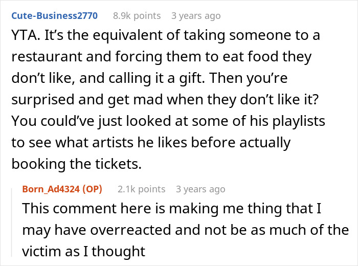 User comments discussing a woman buying concert tickets for her boyfriend who loves bands and his emotional reaction.