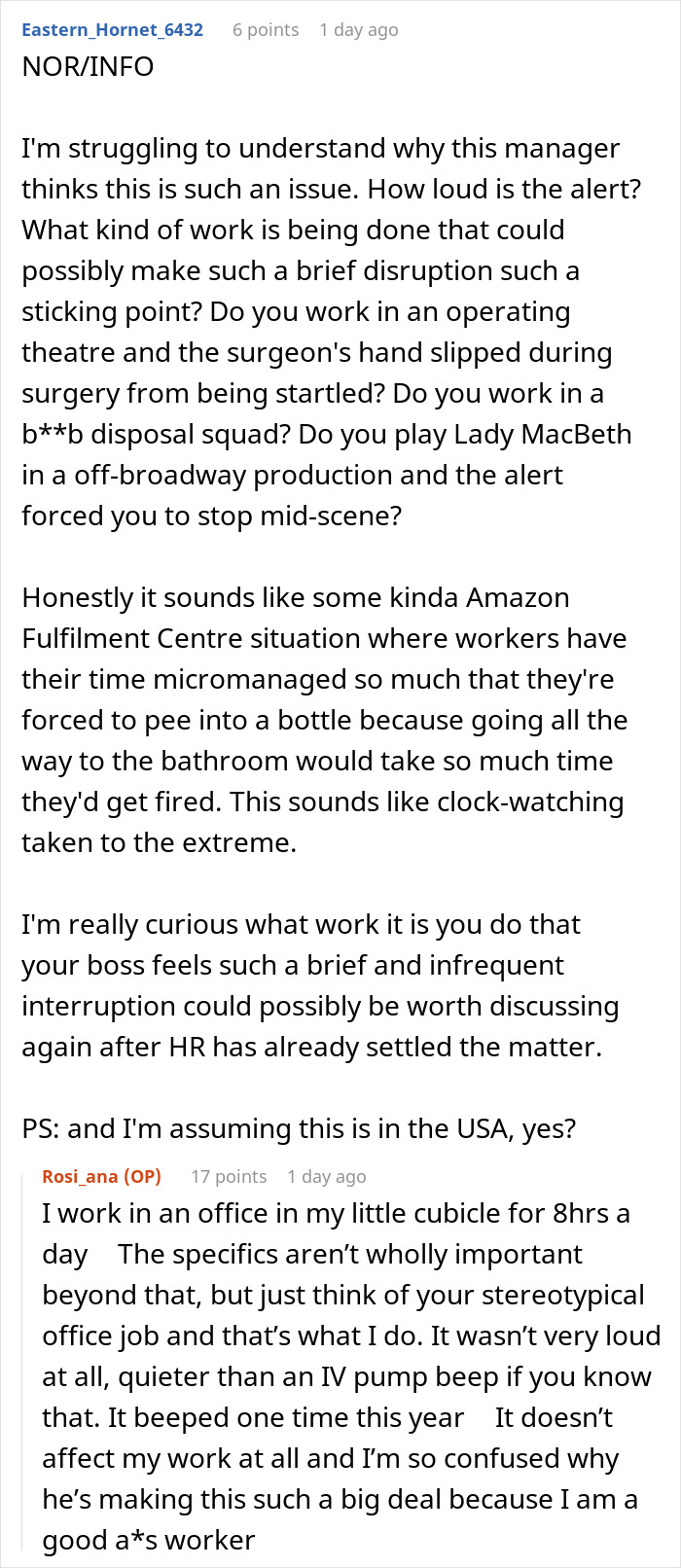 A screenshot of a Reddit thread discussing a manager asking a woman using a feeding tube to avoid it in the office.
